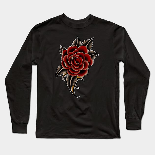 Rose Traditional Tattoo Long Sleeve T-Shirt by Halfsleeper